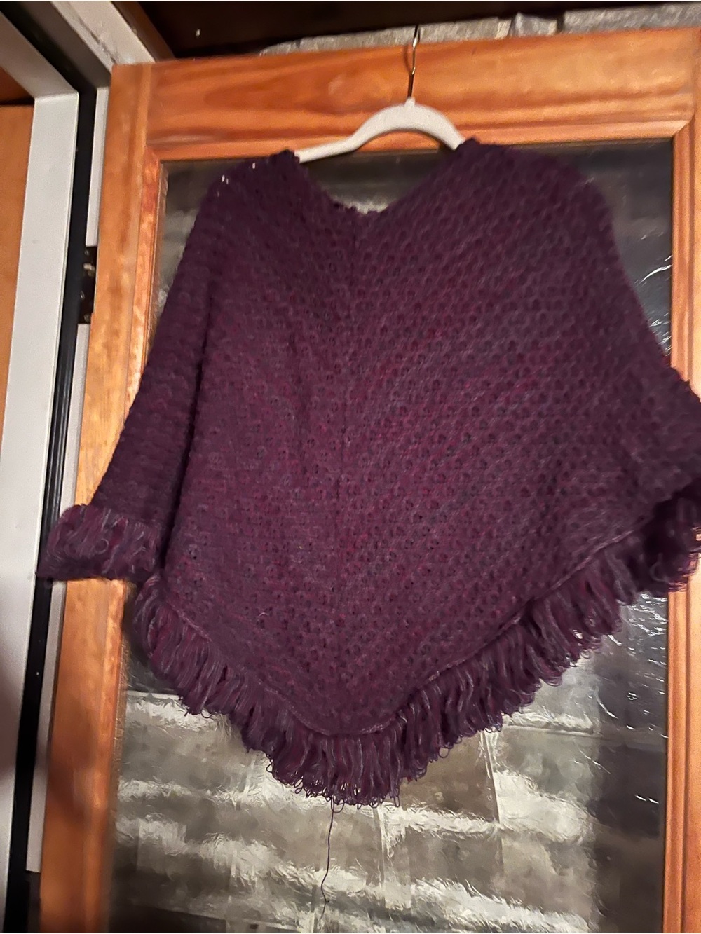 Women's Fringe Knit Poncho Sweater - Deep Plum